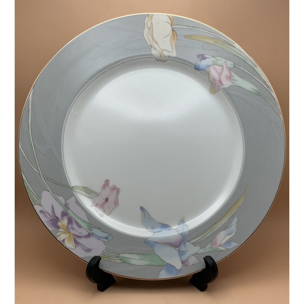 Vintage Mikasa Gray L9049 Dinner Plate 10 5/8" Fine China Japan Floral Gold Rim